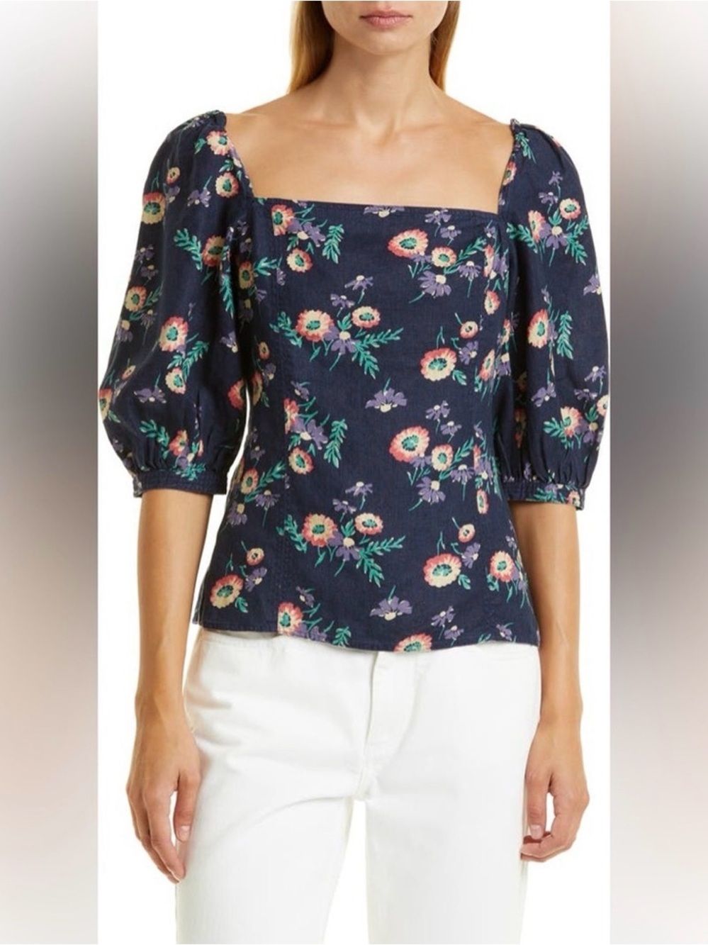 Polo Ralph Lauren Floral 100% Linen Blouson-Sleeve Blouse Navy Size 4